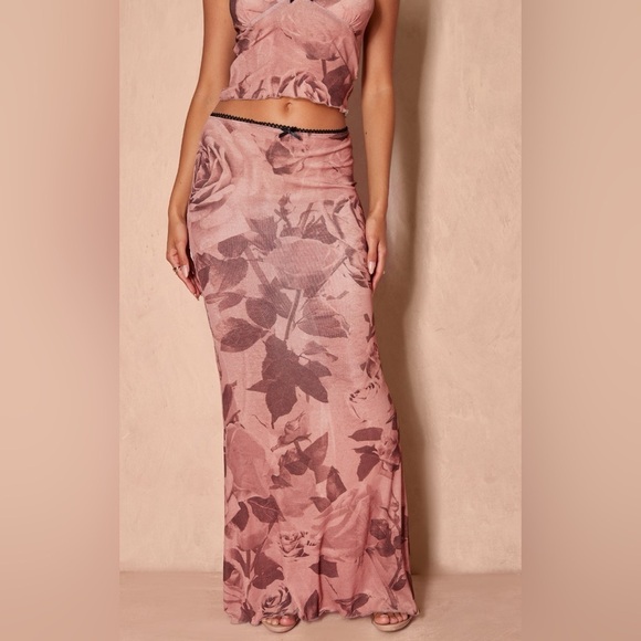 Pretty Little Thing Brown Floral Print Lowrise Maxi Skirt Nwt Size 2 - Picture 3 of 6